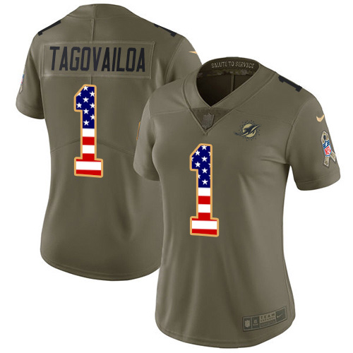 Nike Dolphins #1 Tua Tagovailoa Olive/USA Flag Women's Stitched NFL Limited 2017 Salute To Service Jersey