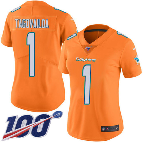 Nike Dolphins #1 Tua Tagovailoa Orangen Women's Stitched NFL Limited Rush 100th Season Jersey Nike Dolphins #1 Tua Tagovailoa Orangen Women's Stitched NFL Limited Rush 100th Season Jersey