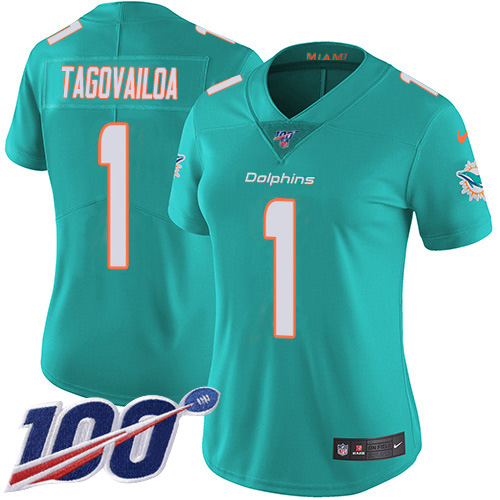 Nike Dolphins #1 Tua Tagovailoa Aqua Green Team Color Women's Stitched NFL 100th Season Vapor Untouchable Limited Jersey Nike Dolphins #1 Tua Tagovailoa Aqua Green Team Color Women's Stitched NFL 100th Season Vapor Untouchable Limited Jersey