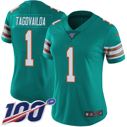 Nike Dolphins #1 Tua Tagovailoa Aqua Green Alternate Women's Stitched NFL 100th Season Vapor Untouchable Limited Jersey