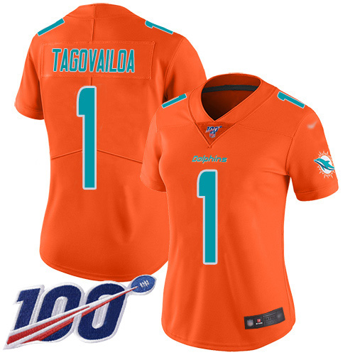Nike Dolphins #1 Tua Tagovailoa Orange Women's Stitched NFL Limited Inverted Legend 100th Season Jersey