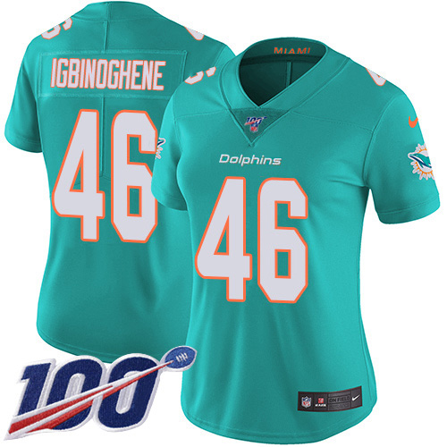 Nike Dolphins #46 Noah Igbinoghene Aqua Green Team Color Women's Stitched NFL 100th Season Vapor Untouchable Limited Jersey
