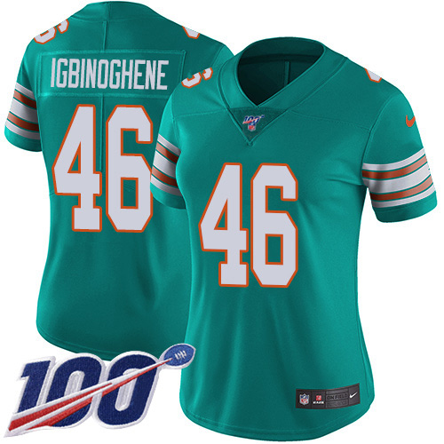 Nike Dolphins #46 Noah Igbinoghene Aqua Green Alternate Women's Stitched NFL 100th Season Vapor Untouchable Limited Jersey