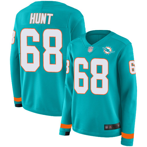 Nike Dolphins #68 Robert Hunt Aqua Green Team Color Women's Stitched NFL Limited Therma Long Sleeve Jersey