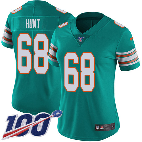Nike Dolphins #68 Robert Hunt Aqua Green Alternate Women's Stitched NFL 100th Season Vapor Untouchable Limited Jersey
