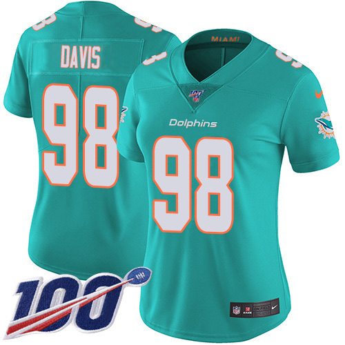 Nike Dolphins #98 Raekwon Davis Aqua Green Team Color Women's Stitched NFL 100th Season Vapor Untouchable Limited Jersey