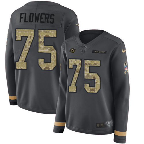 Nike Dolphins #75 Ereck Flowers Anthracite Salute to Service Women's Stitched NFL Limited Therma Long Sleeve Jersey