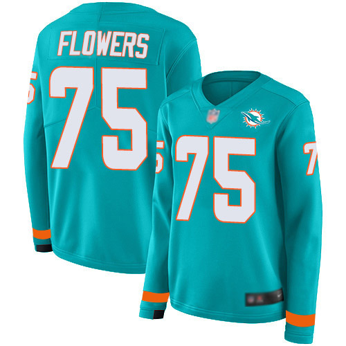 Nike Dolphins #75 Ereck Flowers Aqua Green Team Color Women's Stitched NFL Limited Therma Long Sleeve Jersey
