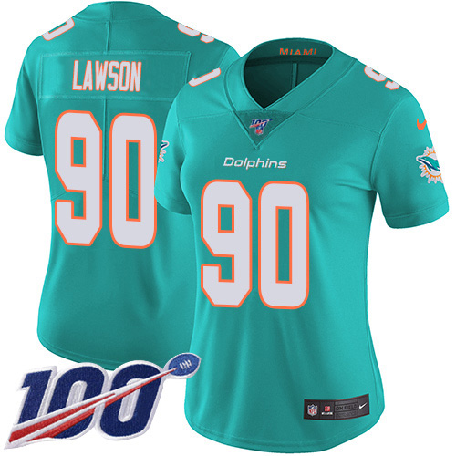 Nike Dolphins #90 Shaq Lawson Aqua Green Team Color Women's Stitched NFL 100th Season Vapor Untouchable Limited Jersey