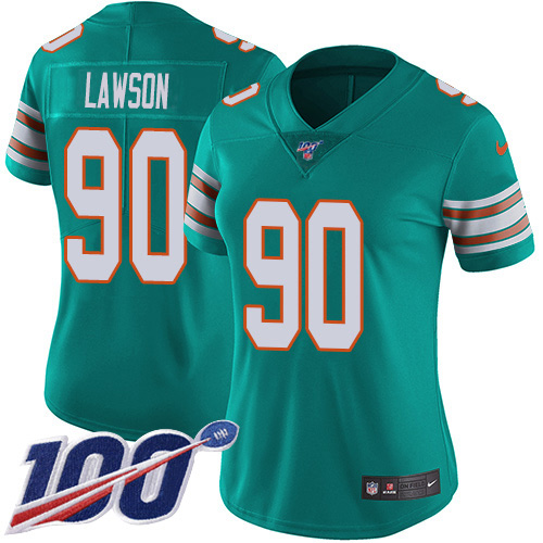 Nike Dolphins #90 Shaq Lawson Aqua Green Alternate Women's Stitched NFL 100th Season Vapor Untouchable Limited Jersey