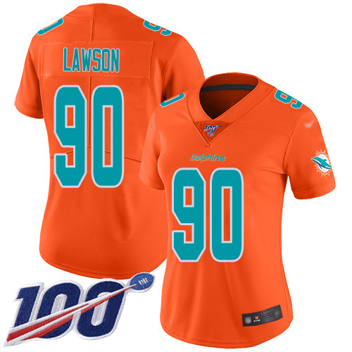 Nike Dolphins #90 Shaq Lawson Orange Women's Stitched NFL Limited Inverted Legend 100th Season Jersey Nike Dolphins #90 Shaq Lawson Orange Women's Stitched NFL Limited Inverted Legend 100th Season Jersey