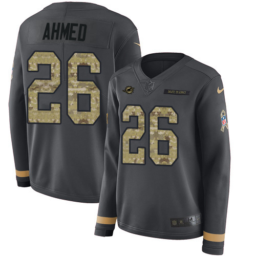 Nike Dolphins #26 Salvon Ahmed Anthracite Salute to Service Women's Stitched NFL Limited Therma Long Sleeve Jersey Nike Dolphins #26 Salvon Ahmed Anthracite Salute to Service Women's Stitched NFL Limited Therma Long Sleeve Jersey