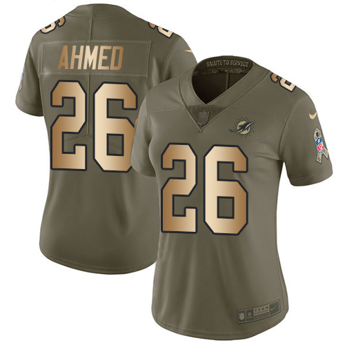 Nike Dolphins #26 Salvon Ahmed Olive/Gold Women's Stitched NFL Limited 2017 Salute To Service Jersey