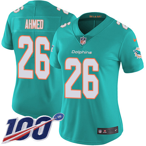 Nike Dolphins #26 Salvon Ahmed Aqua Green Team Color Women's Stitched NFL 100th Season Vapor Untouchable Limited Jersey
