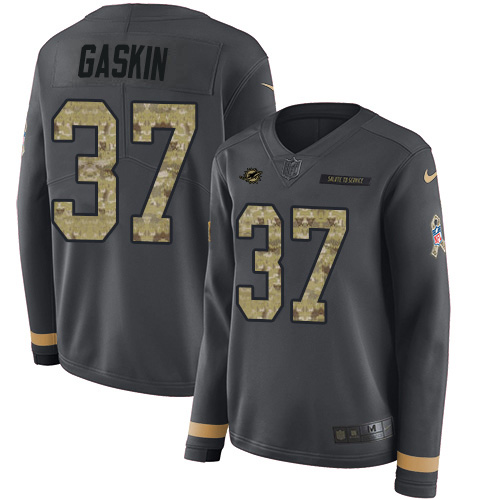 Nike Dolphins #37 Myles Gaskin Anthracite Salute to Service Women's Stitched NFL Limited Therma Long Sleeve Jersey