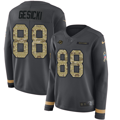 Nike Dolphins #88 Mike Gesicki Anthracite Salute to Service Women's Stitched NFL Limited Therma Long Sleeve Jersey