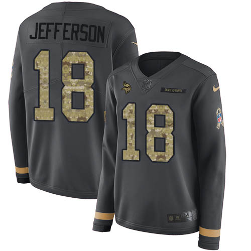 Nike Vikings #18 Justin Jefferson Anthracite Salute to Service Women's Stitched NFL Limited Therma Long Sleeve Jersey