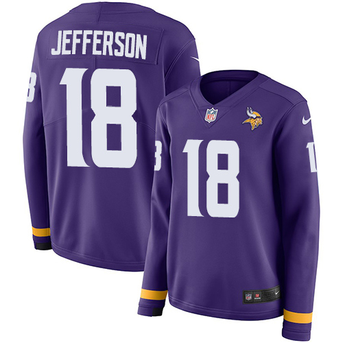 Nike Vikings #18 Justin Jefferson Purple Team Color Women's Stitched NFL Limited Therma Long Sleeve Jersey
