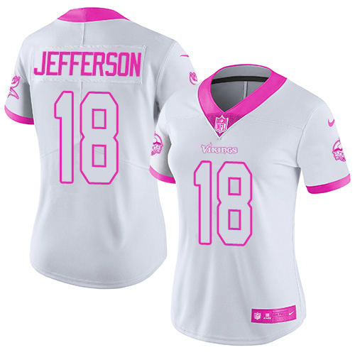 Nike Vikings #18 Justin Jefferson White/Pink Women's Stitched NFL Limited Rush Fashion Jersey