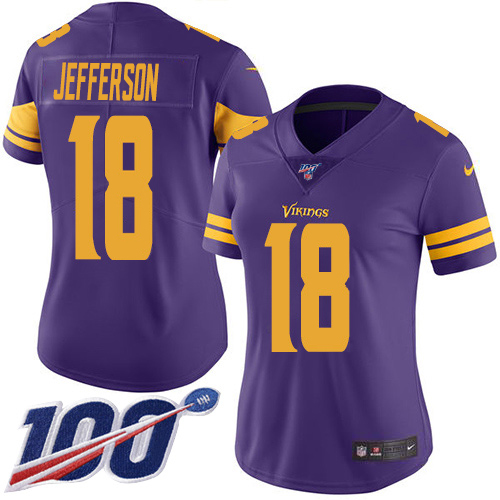 Nike Vikings #18 Justin Jefferson Purple Women's Stitched NFL Limited Rush 100th Season Jersey