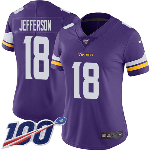 Nike Vikings #18 Justin Jefferson Purple Team Color Women's Stitched NFL 100th Season Vapor Untouchable Limited Jersey