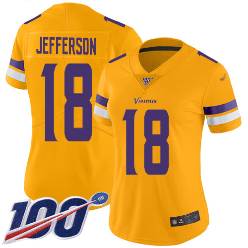 Nike Vikings #18 Justin Jefferson Gold Women's Stitched NFL Limited Inverted Legend 100th Season Jersey