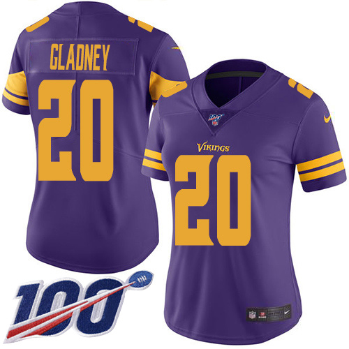 Nike Vikings #20 Jeff Gladney Purple Women's Stitched NFL Limited Rush 100th Season Jersey