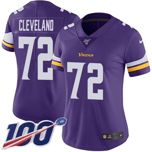 Nike Vikings #72 Ezra Cleveland Purple Team Color Women's Stitched NFL 100th Season Vapor Untouchable Limited Jersey