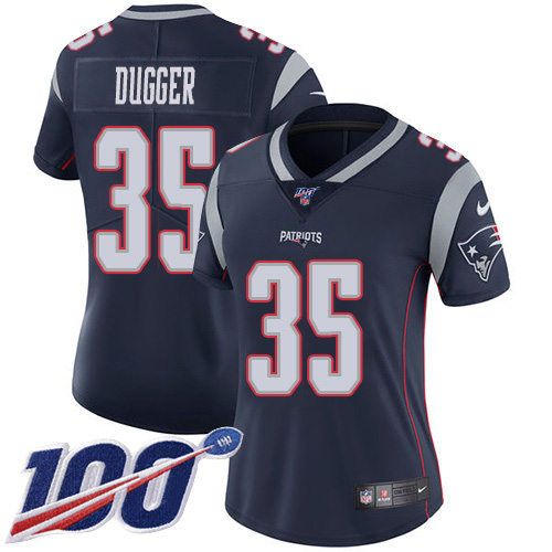 Nike Patriots #35 Kyle Dugger Navy Blue Team Color Women's Stitched NFL 100th Season Vapor Untouchable Limited Jersey