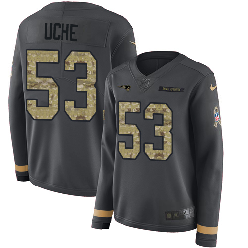 Nike Patriots #53 Josh Uche Anthracite Salute to Service Women's Stitched NFL Limited Therma Long Sleeve Jersey