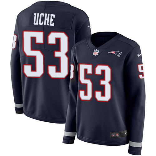 Nike Patriots #53 Josh Uche Navy Blue Team Color Women's Stitched NFL Limited Therma Long Sleeve Jersey