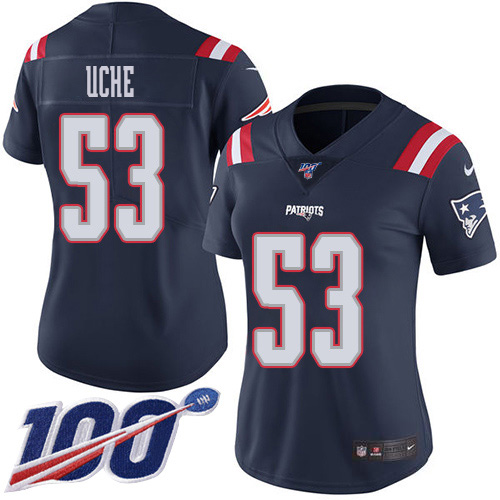Nike Patriots #53 Josh Uche Navy Blue Women's Stitched NFL Limited Rush 100th Season Jersey