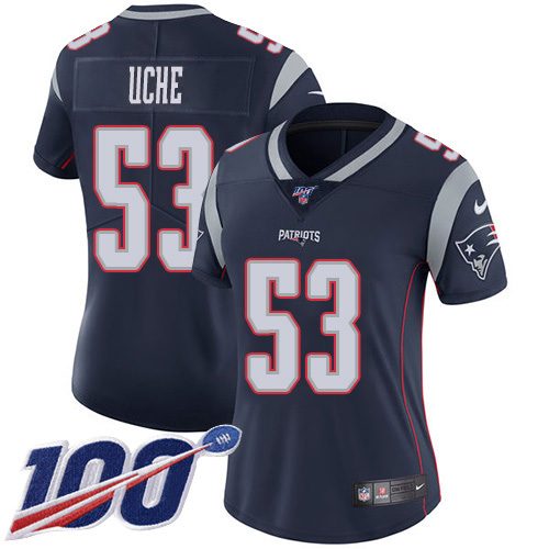 Nike Patriots #53 Josh Uche Navy Blue Team Color Women's Stitched NFL 100th Season Vapor Untouchable Limited Jersey