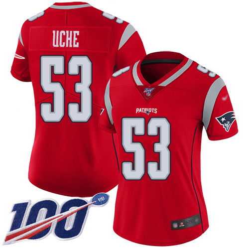 Nike Patriots #53 Josh Uche Red Women's Stitched NFL Limited Inverted Legend 100th Season Jersey