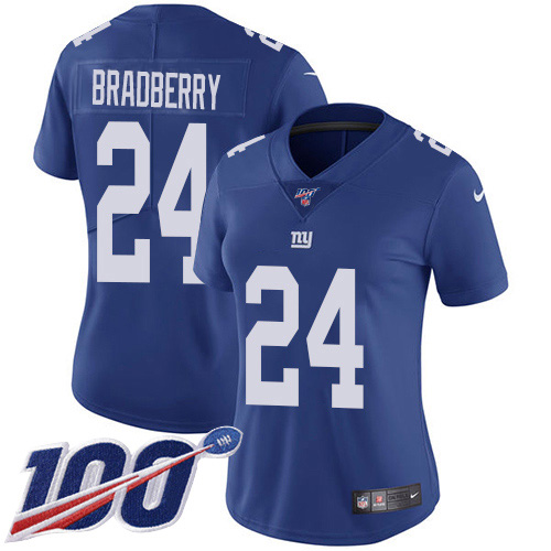 Nike Giants #24 James Bradberry Royal Blue Team Color Women's Stitched NFL 100th Season Vapor Untouchable Limited Jersey