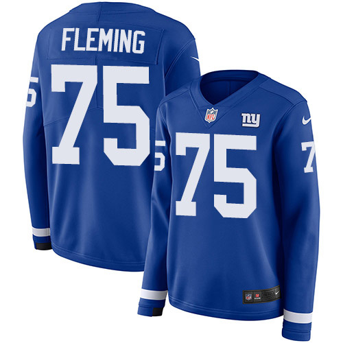 Nike Giants #75 Cameron Fleming Royal Blue Team Color Women's Stitched NFL Limited Therma Long Sleeve Jersey