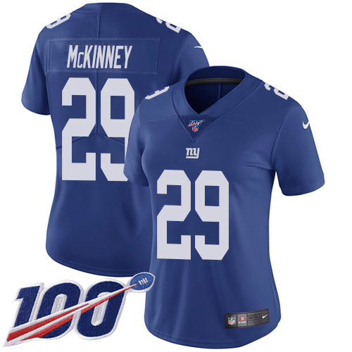 Nike Giants #29 Xavier McKinney Royal Blue Team Color Women's Stitched NFL 100th Season Vapor Untouchable Limited Jersey