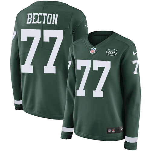 Nike Jets #77 Mekhi Becton Green Team Color Women's Stitched NFL Limited Therma Long Sleeve Jersey