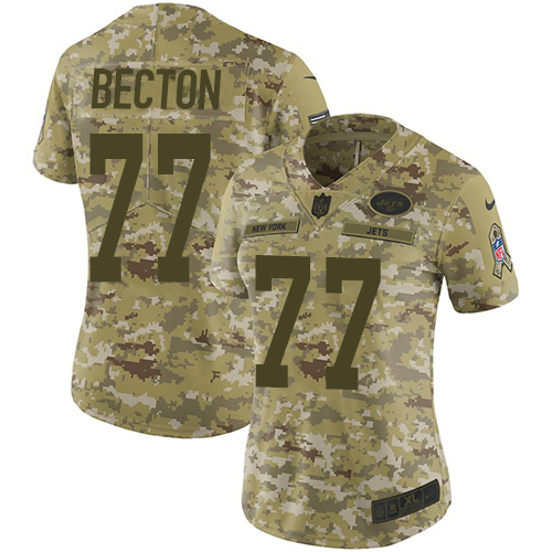 Nike Jets #77 Mekhi Becton Camo Women's Stitched NFL Limited 2018 Salute To Service Jersey