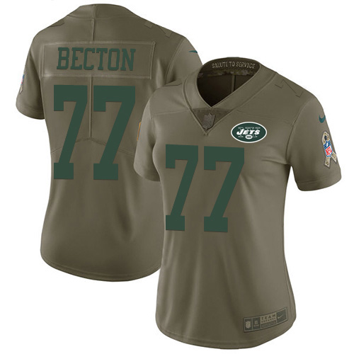 Nike Jets #77 Mekhi Becton Olive Women's Stitched NFL Limited 2017 Salute To Service Jersey