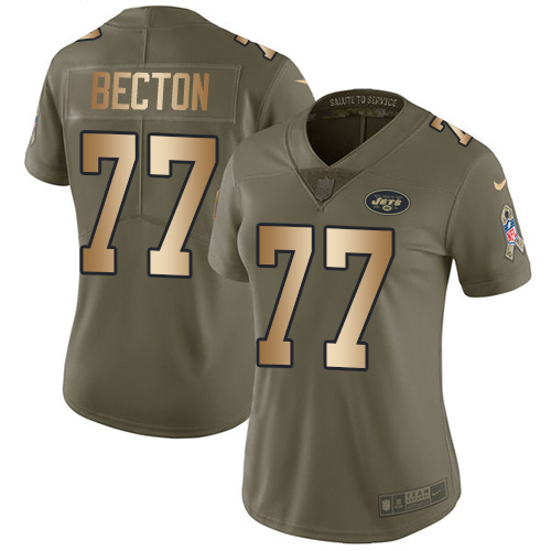 Nike Jets #77 Mekhi Becton Olive/Gold Women's Stitched NFL Limited 2017 Salute To Service Jersey