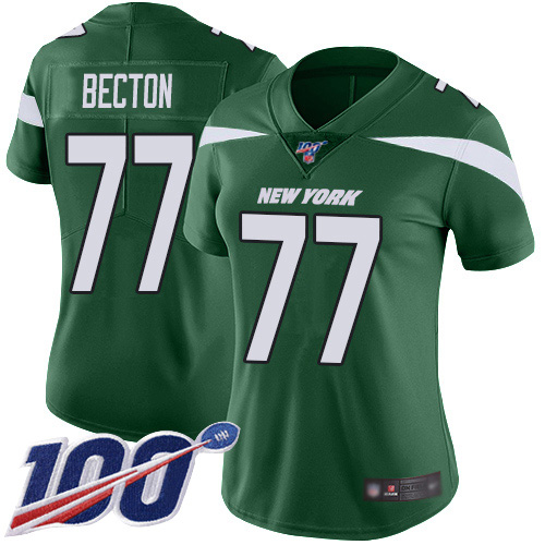 Nike Jets #77 Mekhi Becton Green Team Color Women's Stitched NFL 100th Season Vapor Untouchable Limited Jersey