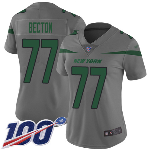 Nike Jets #77 Mekhi Becton Gray Women's Stitched NFL Limited Inverted Legend 100th Season Jersey