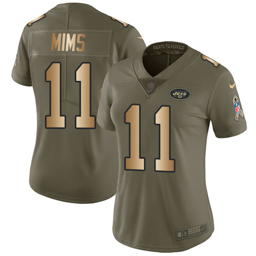 Nike Jets #11 Denzel Mim Olive/Gold Women's Stitched NFL Limited 2017 Salute To Service Jersey