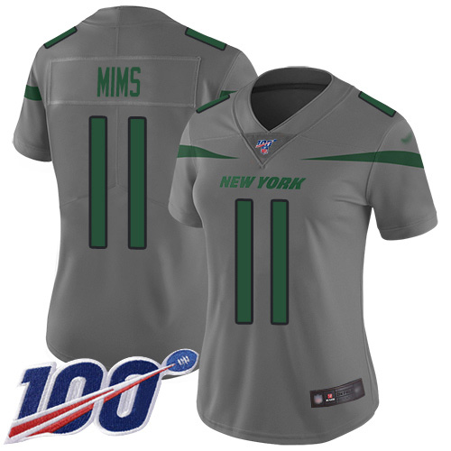 Nike Jets #11 Denzel Mim Gray Women's Stitched NFL Limited Inverted Legend 100th Season Jersey