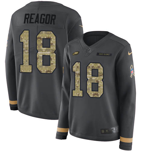 Nike Eagles #18 Jalen Reagor Anthracite Salute to Service Women's Stitched NFL Limited Therma Long Sleeve Jersey