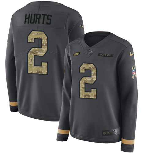 Nike Eagles #2 Jalen Hurts Anthracite Salute to Service Women's Stitched NFL Limited Therma Long Sleeve Jersey