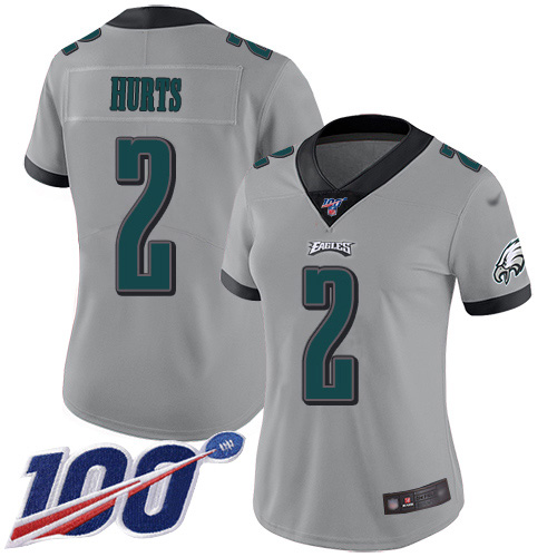 Nike Eagles #2 Jalen Hurts Silver Women's Stitched NFL Limited Inverted Legend 100th Season Jersey