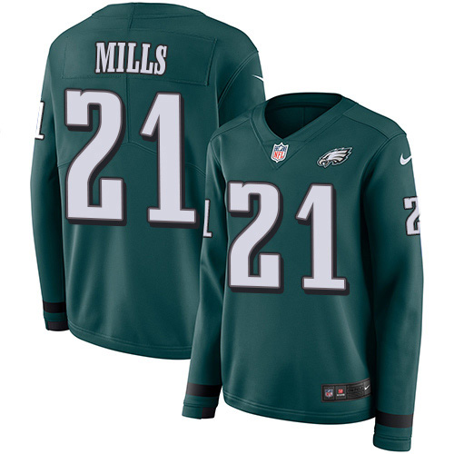 Nike Eagles #21 Jalen Mills Green Team Color Women's Stitched NFL Limited Therma Long Sleeve Jersey