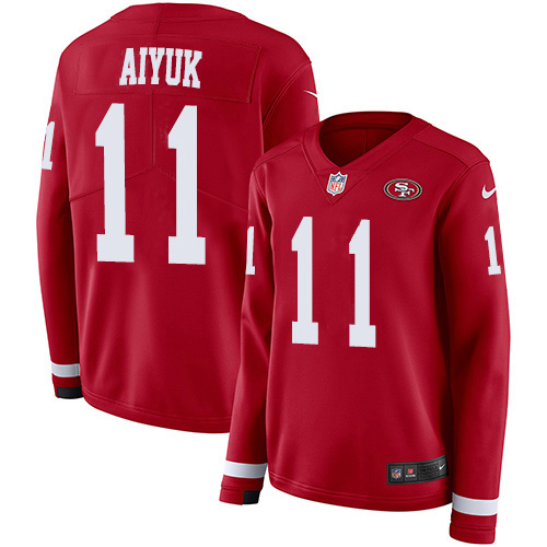 Nike 49ers #11 Brandon Aiyuk Red Team Color Women's Stitched NFL Limited Therma Long Sleeve Jersey